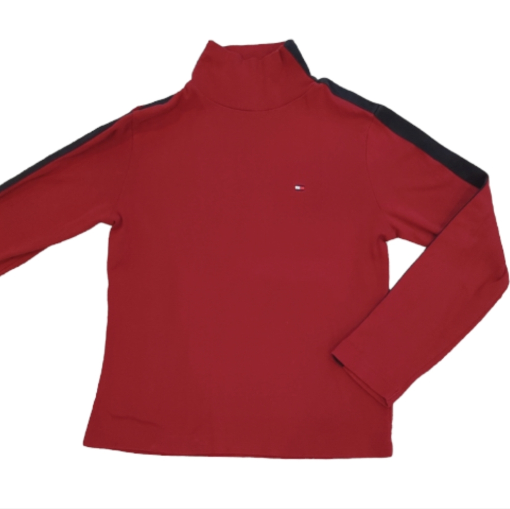 Tommy Hilfiger Turtle Neck Long Sleeve Shirt Red with Striped Sleeves Size M